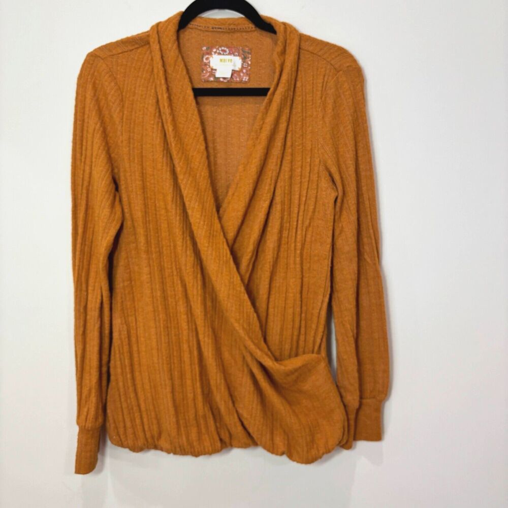 Maeve Anthropologie Rafela Hacci Surplice Top Sweater Faux Wrap Knit M Yellow